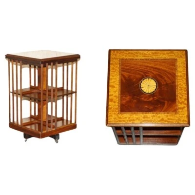SHERATON REVIVAL FLAMED MAHOGANY WALNUT & SATINWOOD REVOLVING BOOKCASE TABLE - Image 1 of 4
