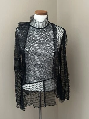 3.1 PHILLIP LIM Black Patchwork Silk Lace Asymmetric Top Sz 6 U.S - Image 1 of 4