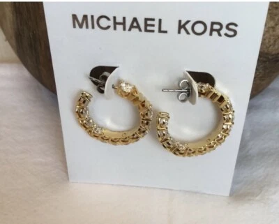 Michael Kors Gold Plated Brass Hoop Earrings MK Logo & CZ Accents NWT - Image 1 of 4