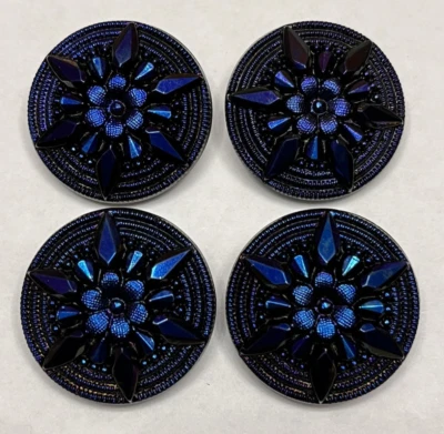 Vintage Set of 4 Czech Blue/Purple Lustered FLOWER/STARBURST Glass Button (Z47) - Image 1 of 4