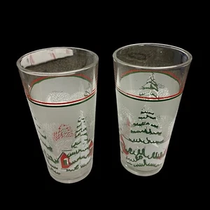 Frosted Winter Scene  Set of 2 KIG Vintage Christmas Trees Tumbler Glasses - Picture 1 of 4
