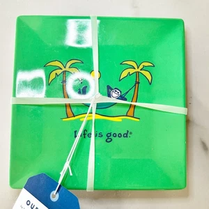 LIFE IS GOOD Set of 4 Melamine Square Plates 6" - Vintage Designs NEW - Picture 1 of 7