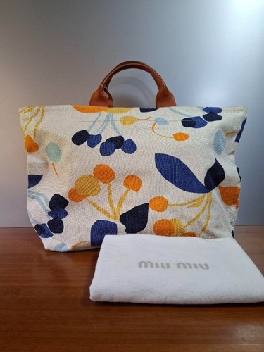 MIU MIU Borsa Tote Floreale Borsa a Mano Tela Cotone Pelle Multicolore con Sacchetto Antipolvere