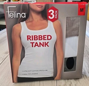 Paquete de 3 camisetas sin mangas acanaladas Felina para dama de algodón ultra suave, blanco, negro, beige mediano - Imagen 1 de 2