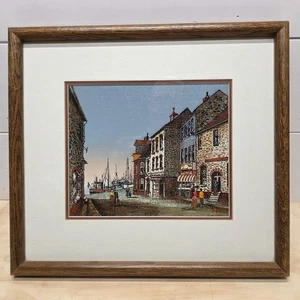 Framed Art Print "Fishing Village" Signed Baxter Mixed Media 17 x 15 Oak Frame - Picture 1 of 12