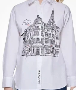 Blusa de mujer Karl Lagerfeld Paris blanca de algodón edición limitada nueva con etiquetas, talla M, ret. $109 - Imagen 1 de 14