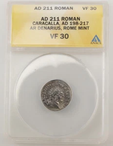 AD 211 Roman Caracalla - AR Denarius, Rome Mint -- VF30 ANACS - Picture 1 of 3