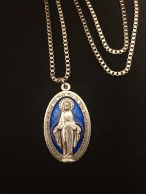 Blue Miraculous Medal ,1.75", on a Stainless Steel Box Necklace ( Italy)