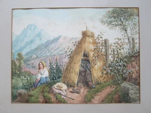Pintura Acuarela Siglo XIX-Reposapastos Pareja Pastor-Recinto de Paja Montañas - Imagen 1 de 5