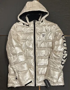 GUESS Men's Holographic Hooded Puffer Jacket White GRAPHITE Shine glossy Large - Picture 1 of 7