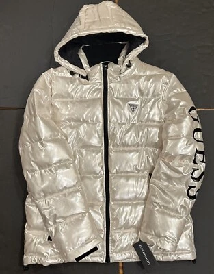 GUESS Men's Holographic Hooded Puffer Jacket White GRAPHITE Shine glossy Large - Image 1 of 4