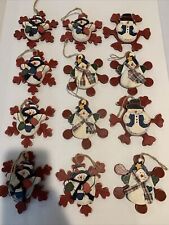 Wooden country Rustic Christmas Tree Ornament Snowflake with snowman lot of 12 