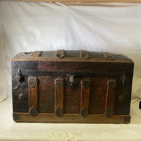 19th Century Multi Colored Dome Top Steamer Trunk Chest With Interior Drawer Cover