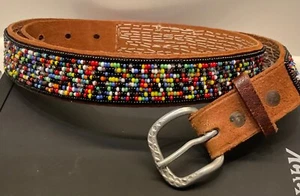 Womens Size S 36” Beaded Leather Belt multicolored textured silvertone buckle - Picture 1 of 19