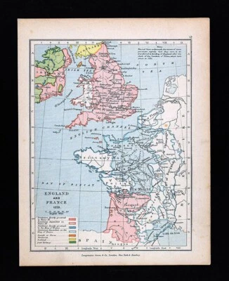 Antique Map England & France 1259 English Possessions London Paris Ireland Wales - Image 1 of 2