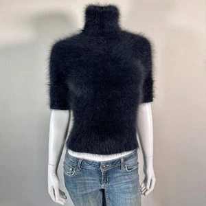 80% Angora Fuzzy GUESS JEANS Black Short-Sleeve Turtleneck Sweater 28 in bust - Picture 1 of 10