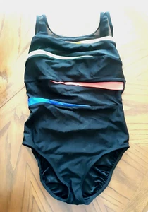 WOMEN'S SWIMSUIT SIZE 16 ONE PIECE BLACK STRIPES LONGITUDE TUMMY CONTROL NEW - Picture 1 of 5