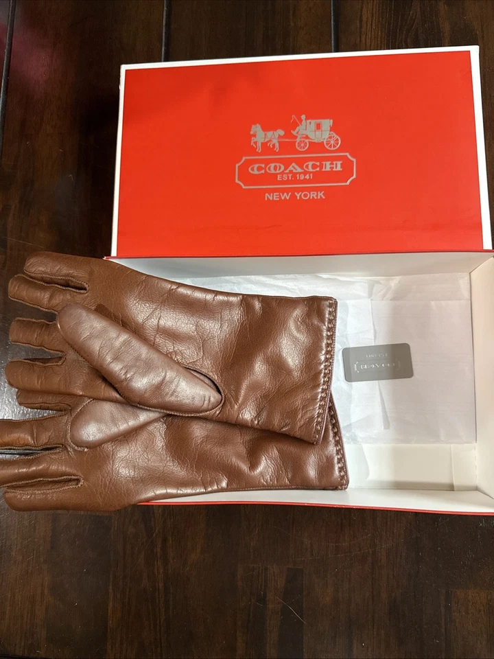 Guantes de cuero Coach para mujer marrón, forrados de cachemir hasta la muñeca, 83875, talla 7,5 Foto 1 de 4