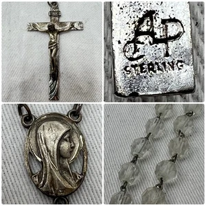 Vintage Rosenkranz Klar Kristall Perlen Sterlingsilber KAPPE Kruzifix & Mittelmedaille - Bild 1 von 11