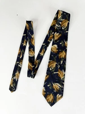 复古 Cellini 100% 真丝男式领带深蓝色/棕色花卉设计美国制造全新带标签 — 第 1/4 张图片