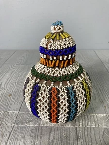 African Zulu Beaded Snuff Gourd Tribal Art & Decor with Elaborate Beadwork - Picture 1 of 8
