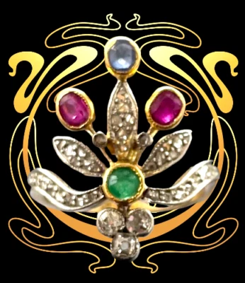 Jugendstil Gelbgold 14K Brillanten, Smaragd, Saphire, Rubinen Damen Ring Gr.52 - Bild 1 von 4