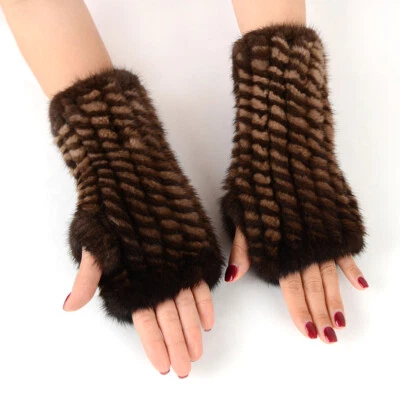 Guantes de piel de visón real de 8 pulgadas para mujer sin dedos tejidos puños de muñeca mangas cálidas Foto 1 de 4