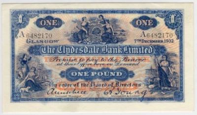 SCOTLAND £1 1932 Clydesdale Bank 1 POUND Prefix A High Grade World Paper Money - Image 1 of 2