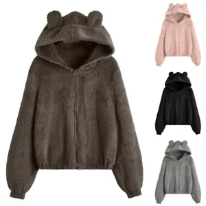 Women Fleece Fluffy Sweatshirt Ladies Teddy Bear Warm Loose Zip Up Hoodie Coat - Picture 1 of 36