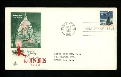 US FDC #1240 Artcraft / Ayerst Labs M-3 1963 Santa IN Christmas Tree Greetings  - Image 1 of 3