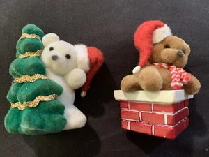 Two Vintage Flocked Bear Christmas Magnets - Picture 1 of 4