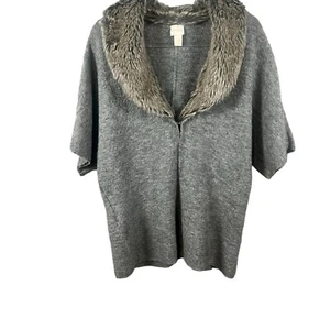 Chicos Faux Fur Collar Wool Blend Open Front Gray Cardigan Size 1 - Picture 1 of 10