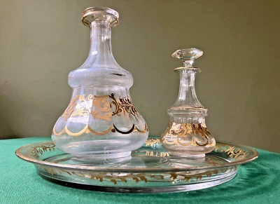 Plateau et 2 carafes en cristal de Baccarat doré XIXème - Napoléon III - Photo 1/4