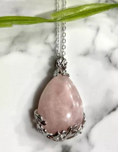 Rose Quartz Gemstone Large Drop Pendant Silver Plate Necklace Crystal Love Reiki - Picture 1 of 3