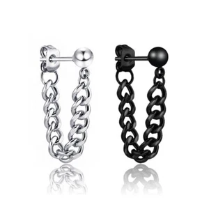 Punk Rock Men's Chain Stud Earrings Silver Black Jewelry Hip Hop Goth Cool - Picture 1 of 3