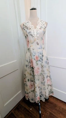 Vestido midi vintage Scott McClintock - florales acuarela - detalles de encaje - talla 4 Foto 1 de 4