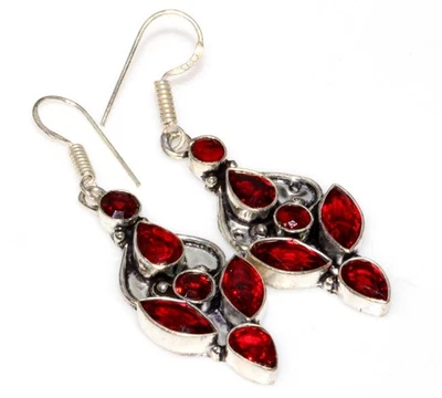 Pendientes Granate Plata 925 Chapados 2.2" Único Boho Regalo GW Foto 1 de 3