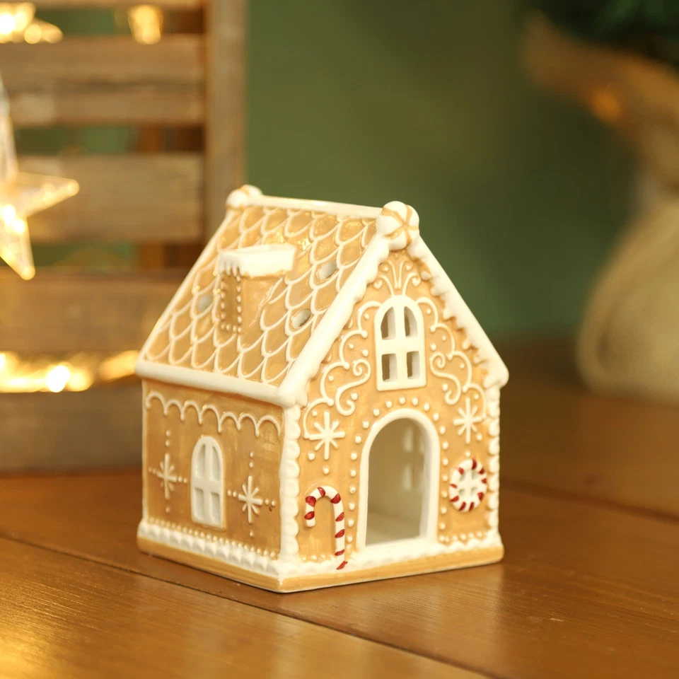 Gingerbread Brown House Ceramic Tealight Candle Holder Christmas Xmas Ornament - Image 1 of 4