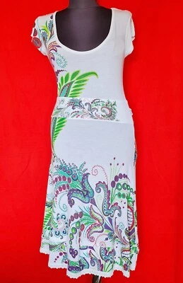 VESTIDO AUTÉNTICO DESIGUAL ARTE FLORAL LOGO BLANCO VERDE MUJER TALLA US 6/S/EU34/S Foto 1 de 4