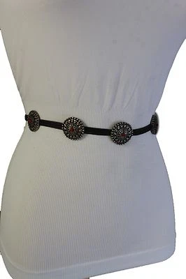 Cinturón étnico para mujer ajustado plateado metal dijes marrón corbata tela moda talla S M L Foto 1 de 4