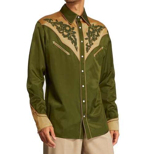 Kenzo Camicia Abito Uomo Floreale Manica Lunga Ricamata Verde Sabbia 42 16 5