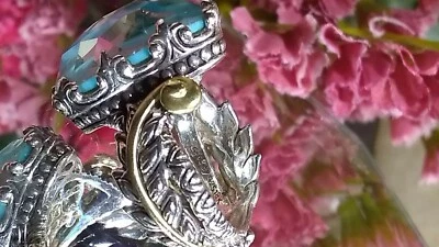 2"CM 18K STERLING SILVER CROWN OVAL aqua Turquoise DOUBLET RING BY BARBRA BIXBY - Image 1 of 4