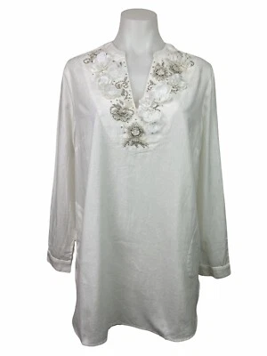 Туника карманная украшенная мягким окружением белая льняная смесь топ женский размер M - Изображение 1 из 4