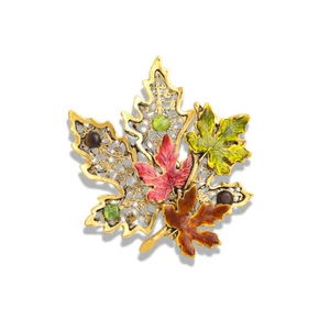 Green Brown Enamel Opal Hollow Maple Leaf Brooch Pin - Picture 1 of 3