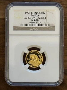 1999 MS69 China Gold Large Date Serif Panda 1/10 oz G10Y 10 Yuan NGC Rare Coin! - Picture 1 of 2