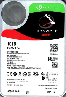 ST10000NE0008 P/N: 2JM101-500 F/W: EN01 S/N: ZPW0H 10TB OCT 2020 THAILAND - Image 1 of 2