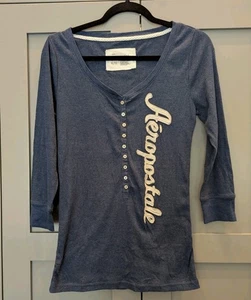 Y2K 2000s Aeropostale Henley Women's XL Blue 3/4 Sleeve Form Fitting Logo  - Picture 1 of 8