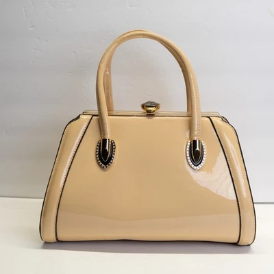 Glossy Peach Patent Leather Handbag – Structured Design with Gold Clasp - Image 1 of 4