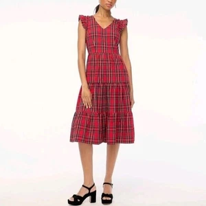 J Crew Tartan Plaid Flutter Sleeve Midi Dress Womens 2 Red Pockets Tiered Party - Picture 1 of 13