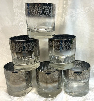 6 SILVER MADEIRA by Royal Luster OLD FASHION, Low Ball  GLASSES, Flower ,Leaves - Image 1 of 3